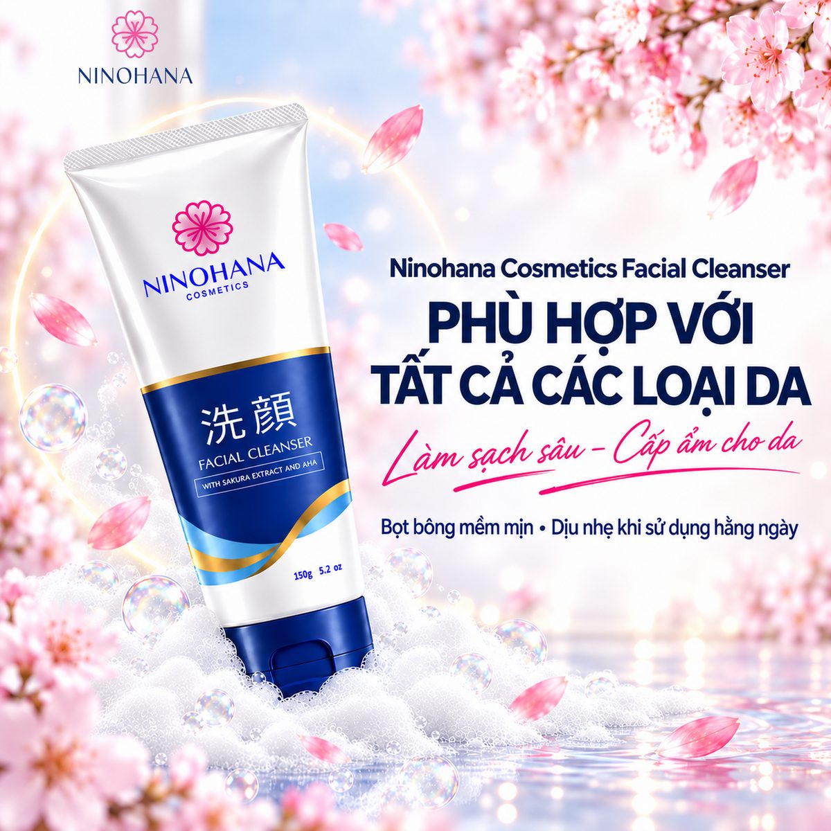 Sữa rửa mặt Ninohana Cosmetics Facial Cleanser 150g — phù hợp với tất cả các loại da